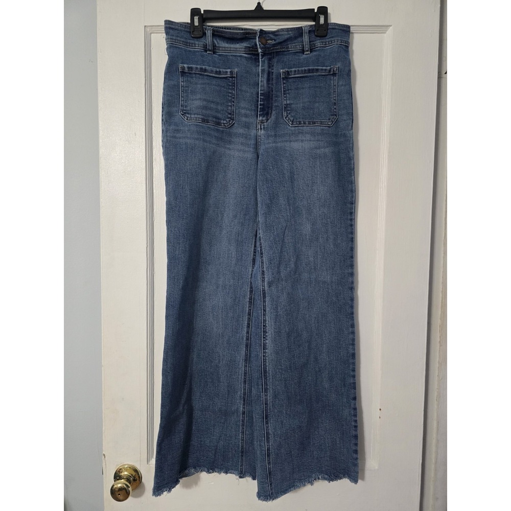 OAT New York Wide Leg Patch Pocket Raw Hem Jeans Medium Wash 10/30